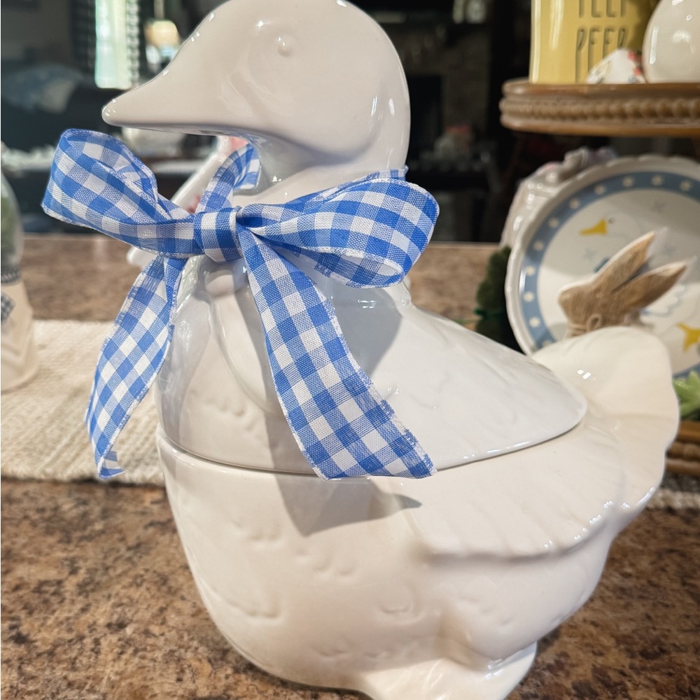 White Ceramic Goose Cookie Jar with Blue Ribbon